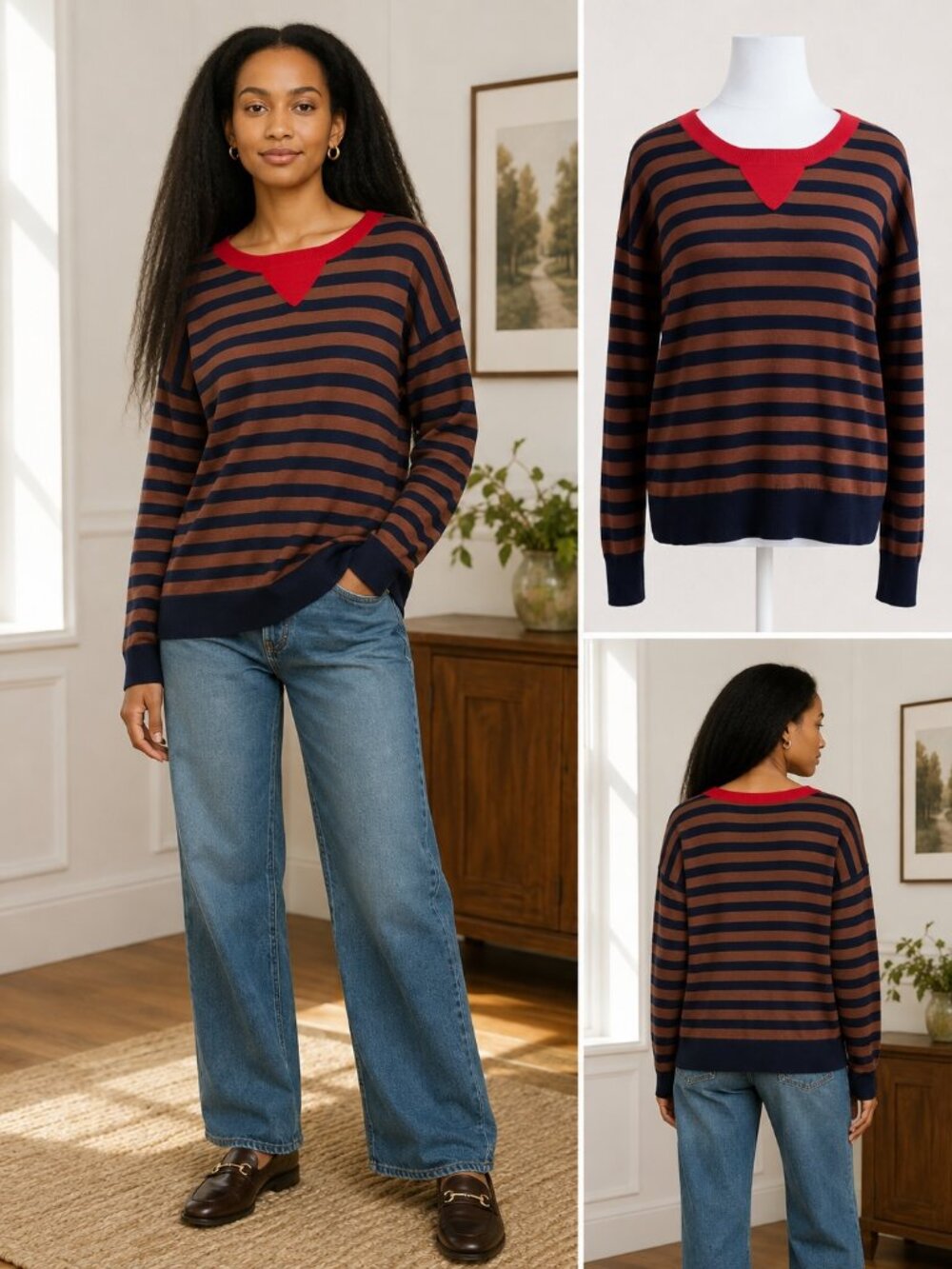 J. Crew Wallace Sweater Merino Wool Striped Brown Navy Red Accent Preppy (L)